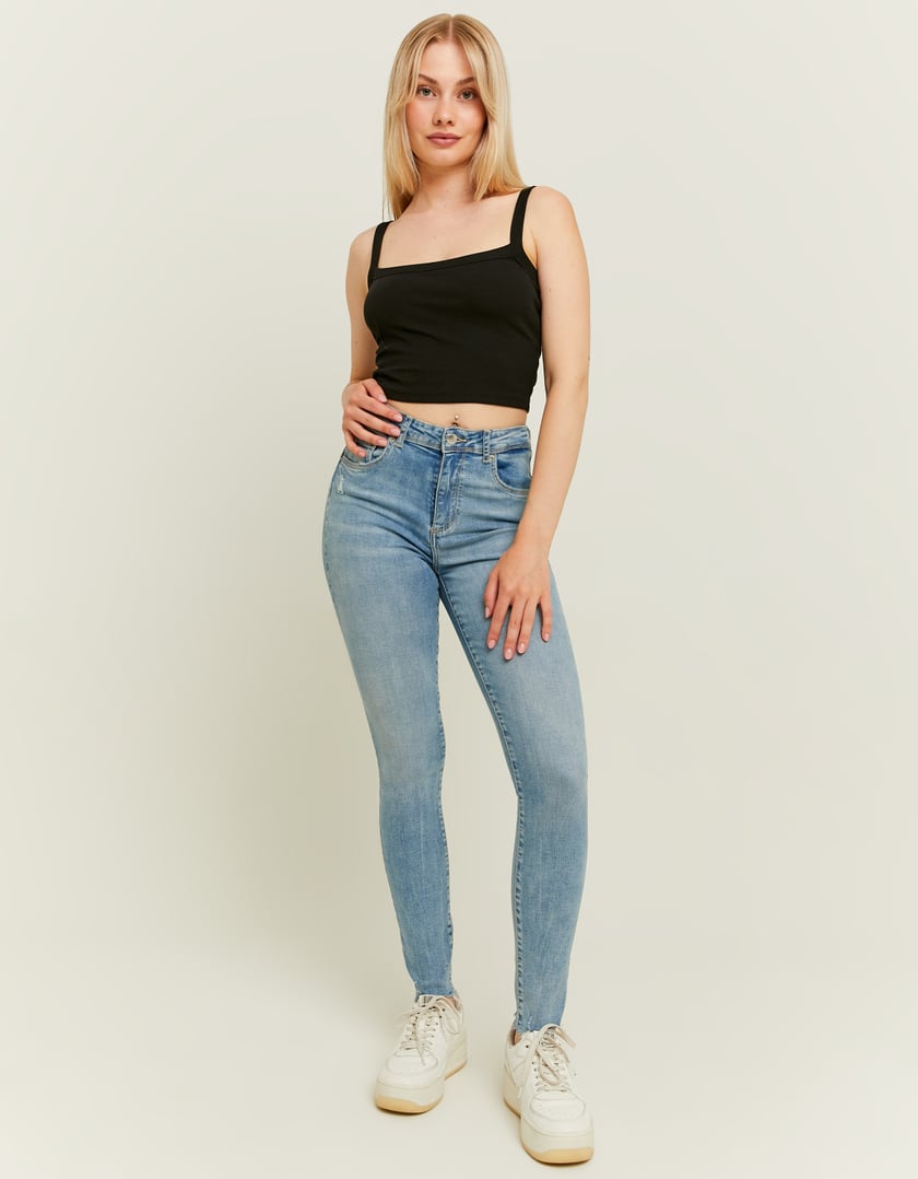 Ladies Mid Waist Skinny Push Up Jeans-Model Full Front View