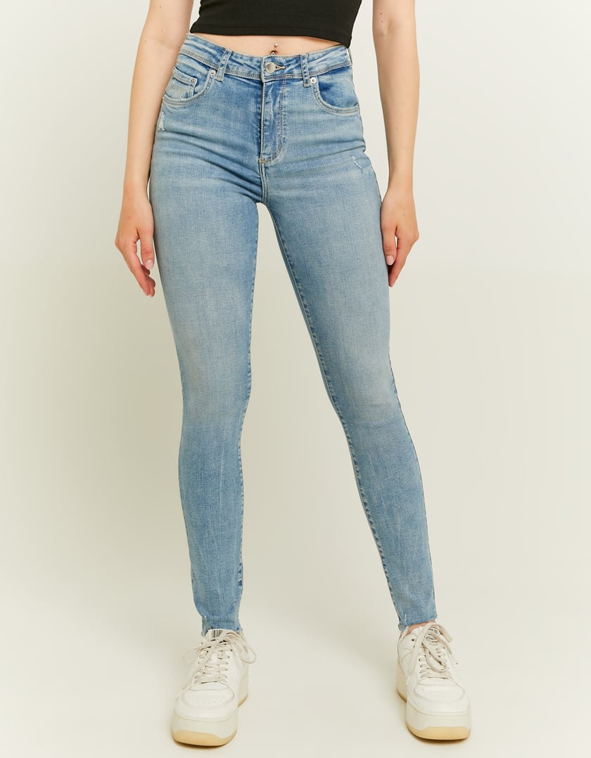 Ladies Mid Waist Skinny Push Up Jeans-Model Front View