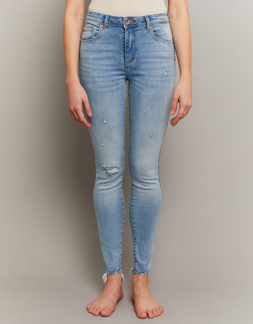 Ladies Skinny Blue  Mid Waist Push Up Jeans-Model Front View