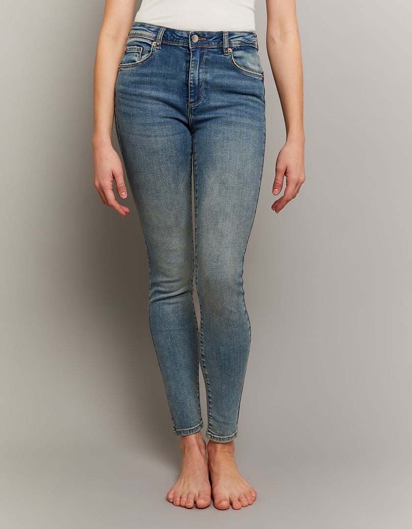 Ladies Mid Waist Skinny Push Up Blue Jeans-Model Front View