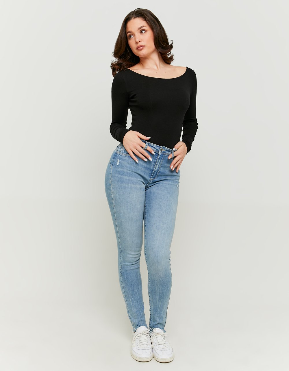 Ladies Push Up Blue Skinny Mid Waist Jeans-Model Full Front View