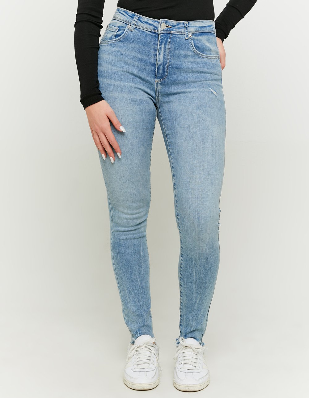 Ladies Push Up Blue Skinny Mid Waist Jeans-Model Front View