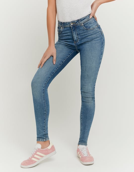 Ladies Mid Waist Push Up Skinny Blue Jeans-Closer View of Front