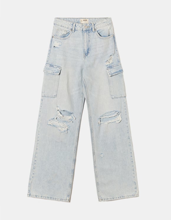 Ladies Blue High Waist Cargo Jeans-Ghost Front View