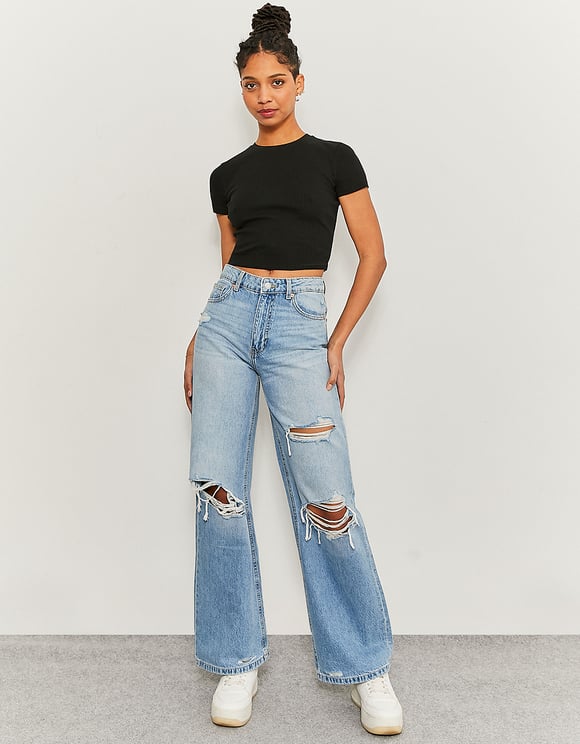 Ladies Blue High Waist Wide Leg Denim Jeans-Model Full Front View