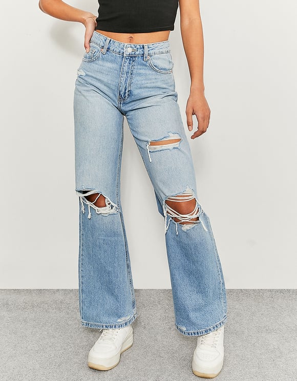 Ladies Blue High Waist Wide Leg Denim Jeans-Front View