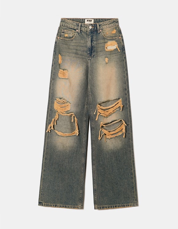 Ladies Destroyed Wide Leg Jeans-Ghost Front View