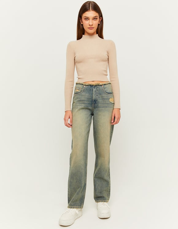 Ladies Straight Leg Jeans With Removed Waistband-Model Full Front View