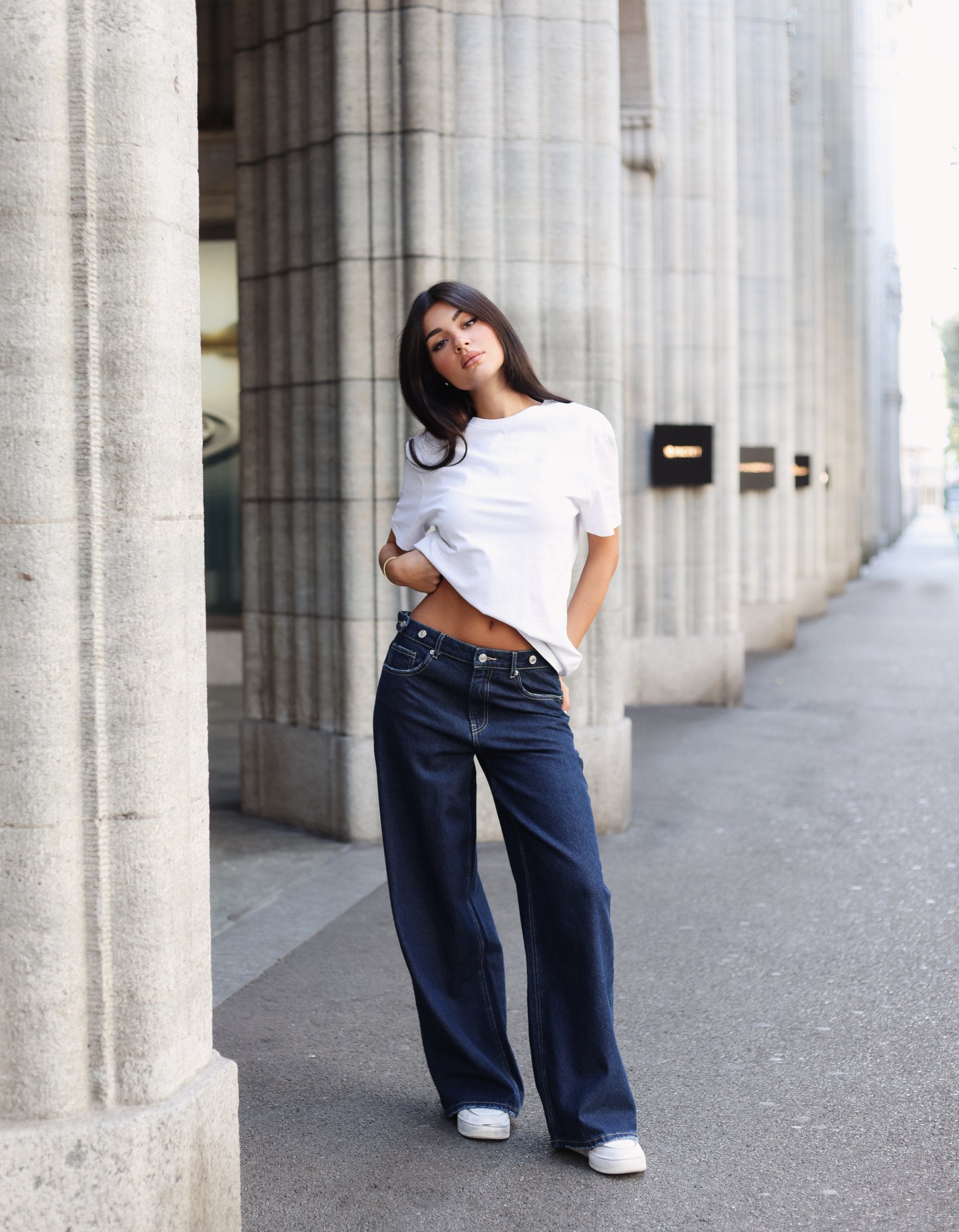 Ladies Dark Wash Skater Jeans With Waist Detail-Model Full Front View