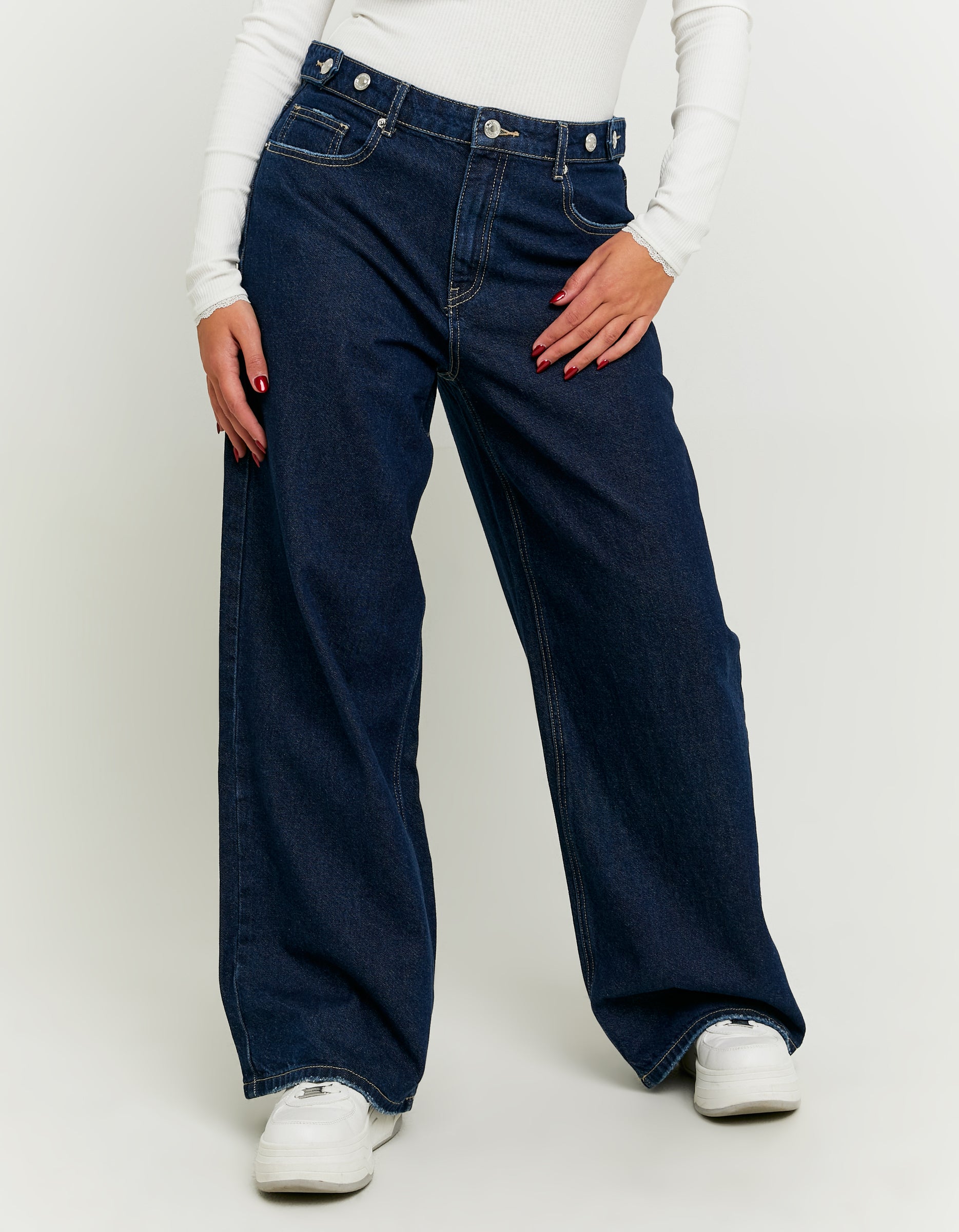 Ladies Dark Wash Skater Jeans With Waist Detail-Model Front View