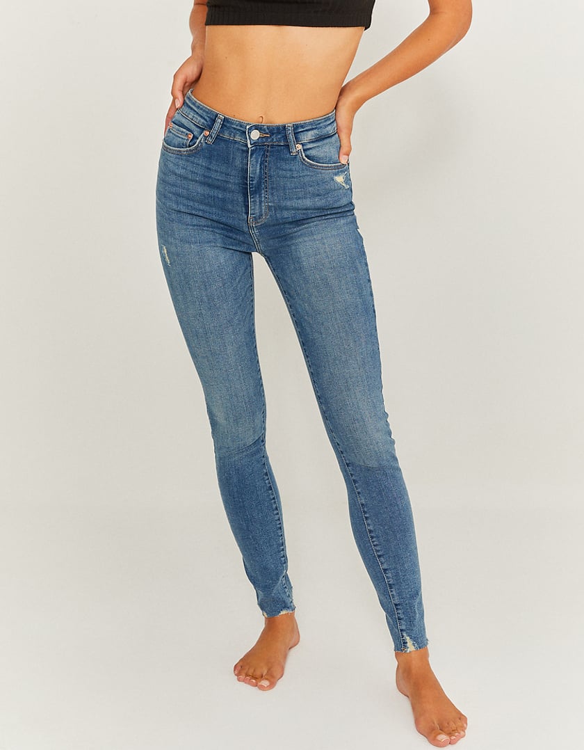 Ladies High Waist Blue Skinny Jeans-Model Front View