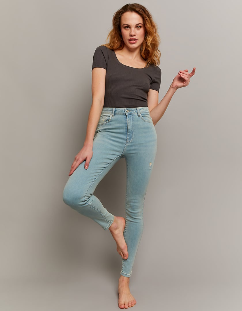 Ladies Skinny High Waist Blue Jeans-Model Full Front View