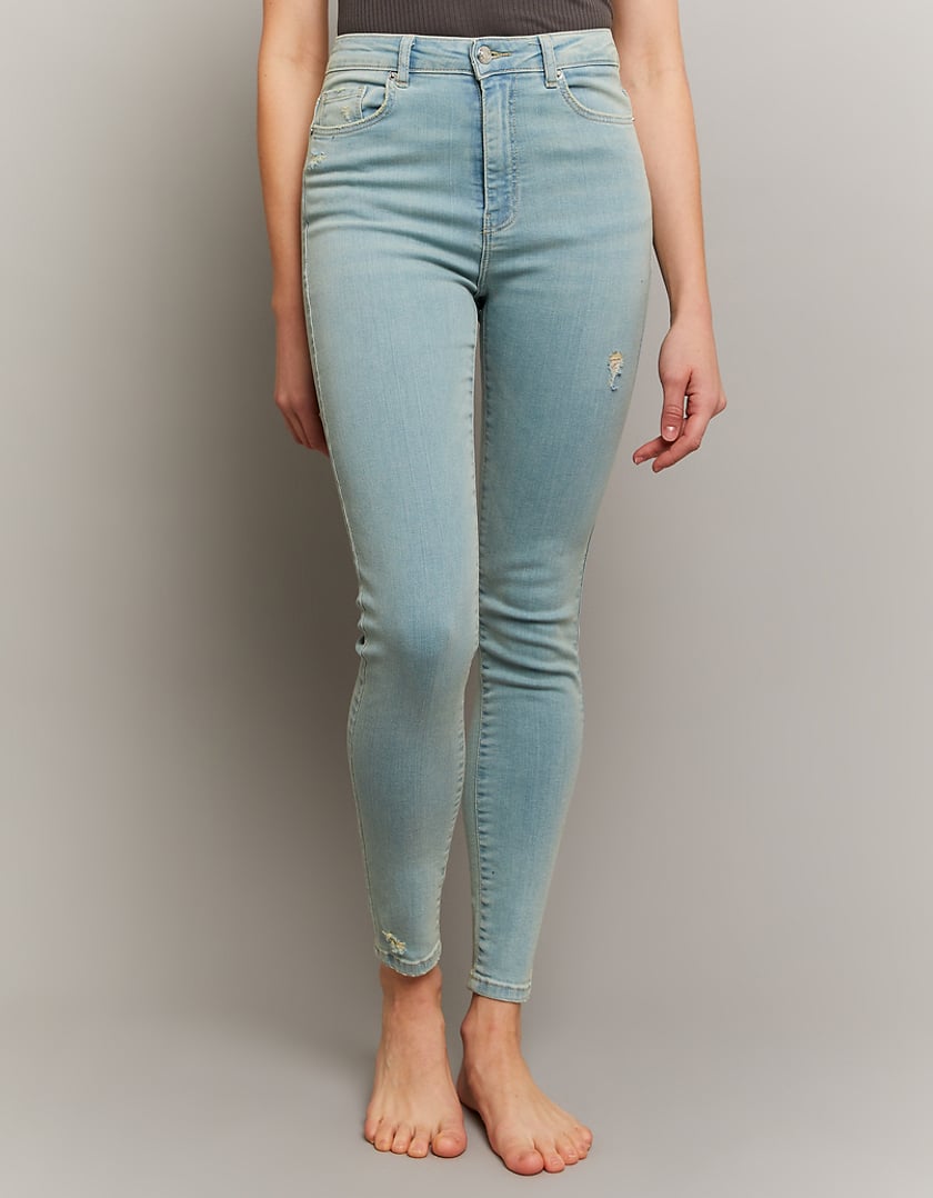 Ladies Skinny High Waist Blue Jeans-Model Front View