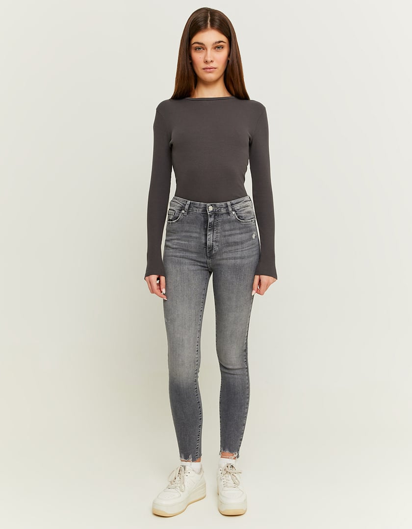 Ladies High Waist Grey Skinny Jeans-Model Full Front View