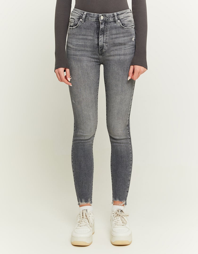 Ladies High Waist Grey Skinny Jeans-Model Front View