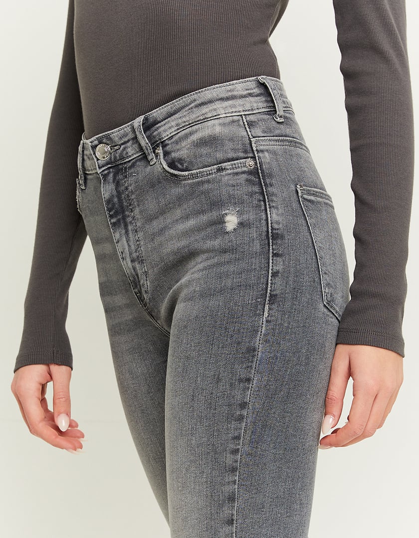 Ladies High Waist Grey Skinny Jeans-Waist Front View
