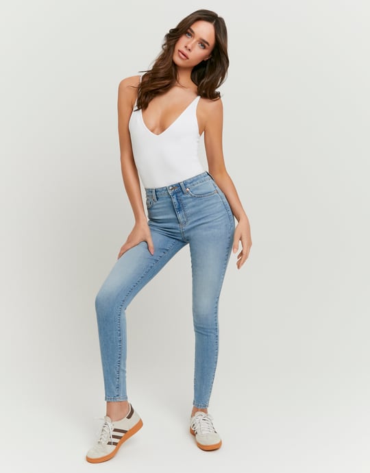 Ladies Light Blue High Waist Skinny Blue JeansModel Full Front View