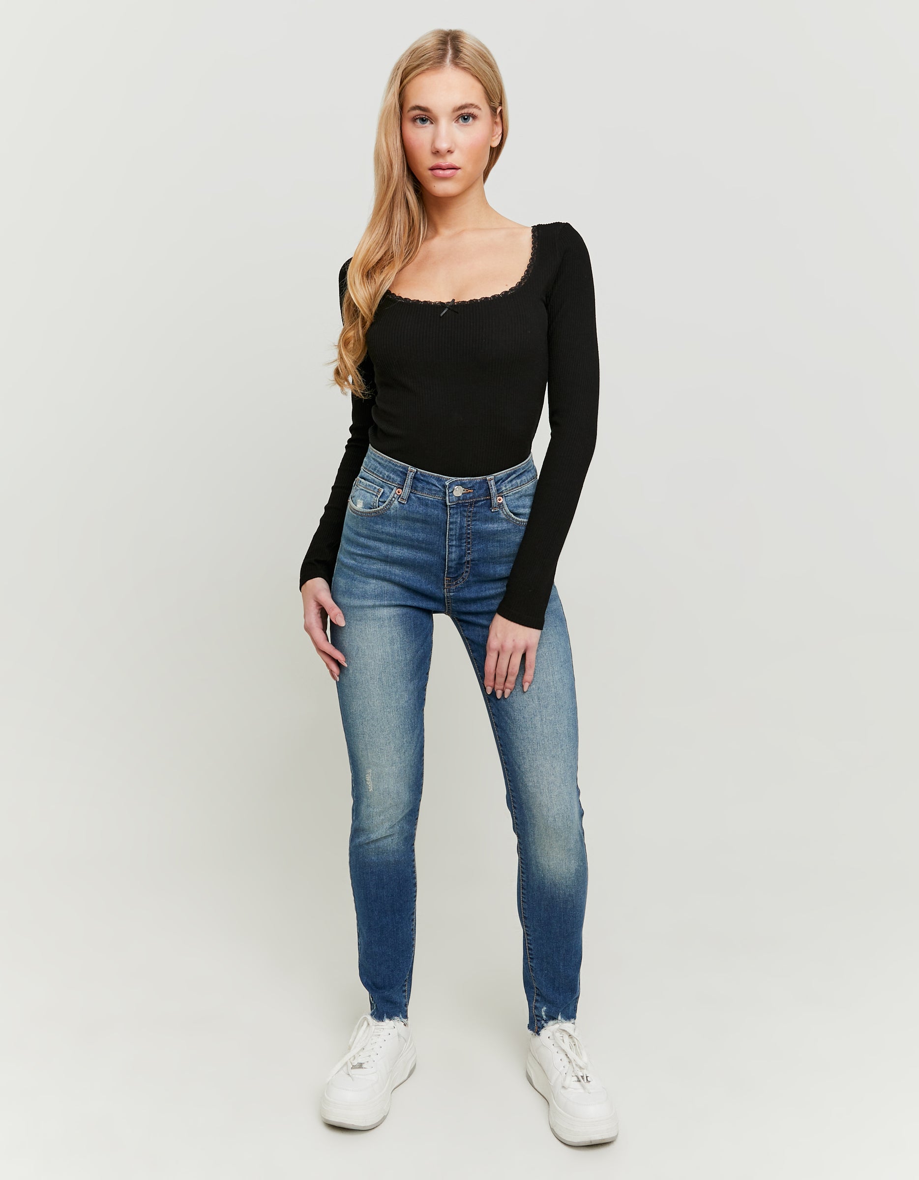 Ladies Blue High Waist Skinny Jeans-Model Ful Front View