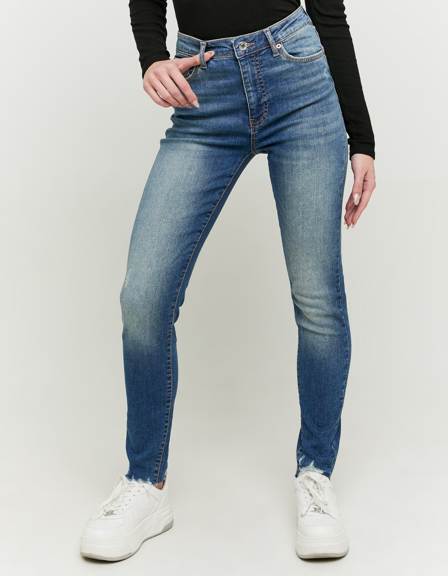 Ladies Blue High Waist Skinny Jeans-Closer View of Front