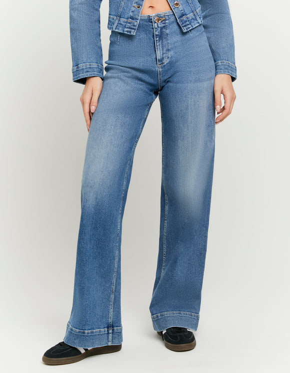 Tally Weijl Blue Mid Waist Wide Leg Jeans, front close up view on model
