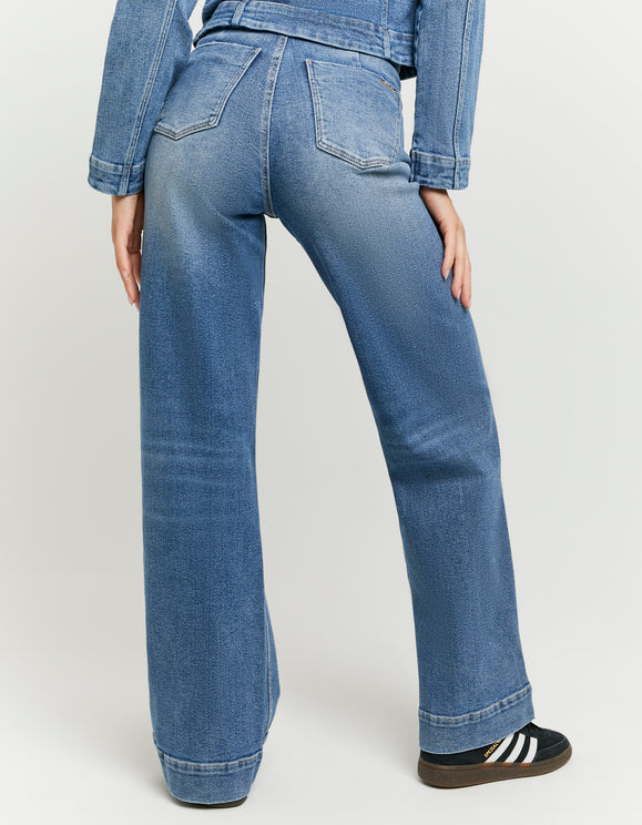 Tally Weijl Blue Mid Waist Wide Leg Jeans, back view on model