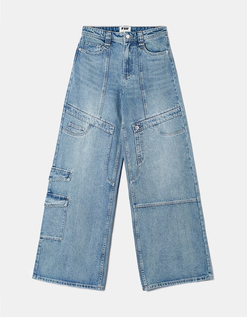 Tally Weijl High Waist Blue Cargo Wide Leg Jeans BLUE flat front view