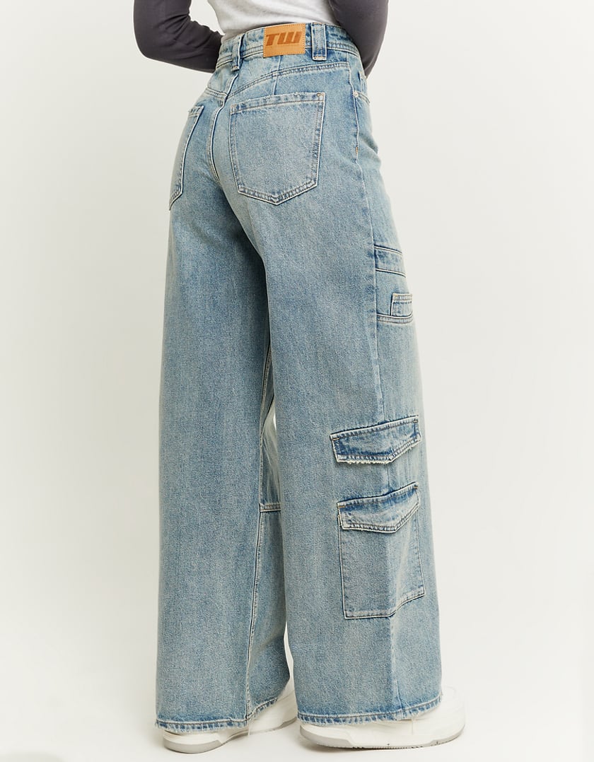 Ladies High Waist Blue Cargo Wide Leg Jeans-Model Back View