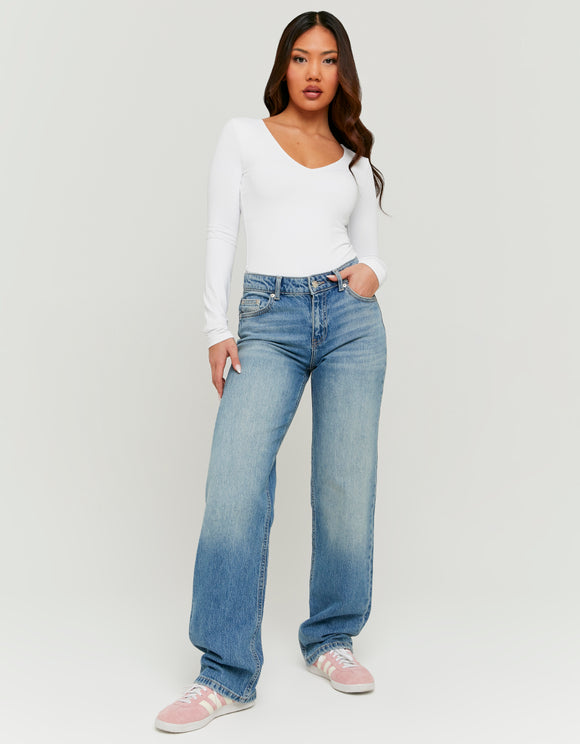 Tally Weijl blue mid waist wide leg jeans worn by model, front view