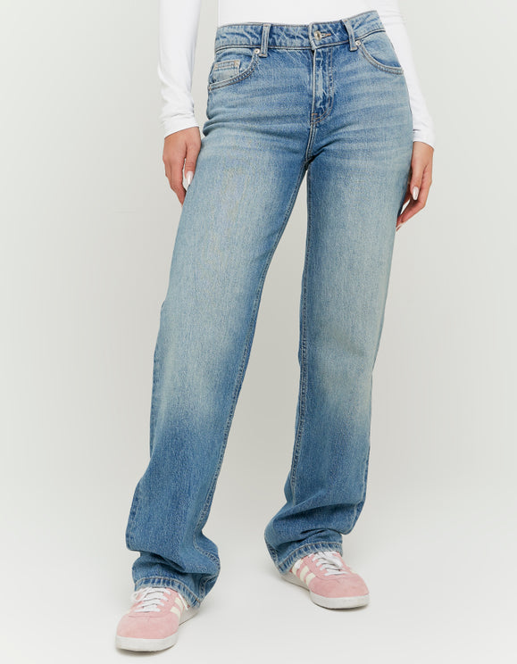 Tally Weijl blue mid waist wide leg jeans, front detail view