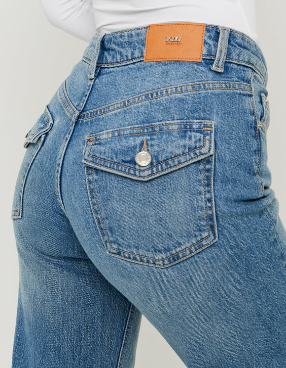 Tally Weijl blue mid waist wide leg jeans, back pocket detail view