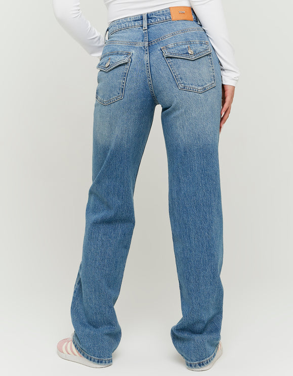 Tally Weijl blue mid waist wide leg jeans worn by model, back view