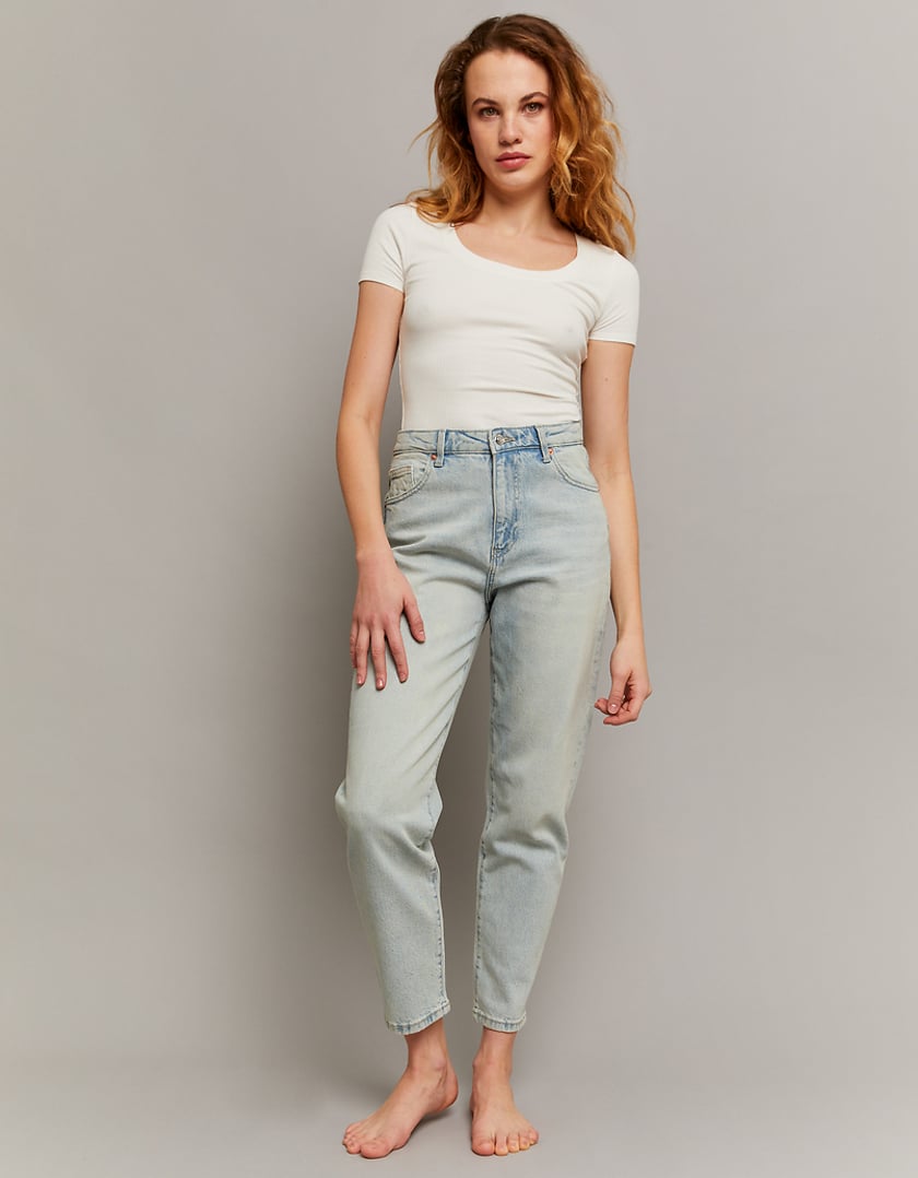 Ladies Comfort Stretch Blue Mom Jeans-Model Full Front View