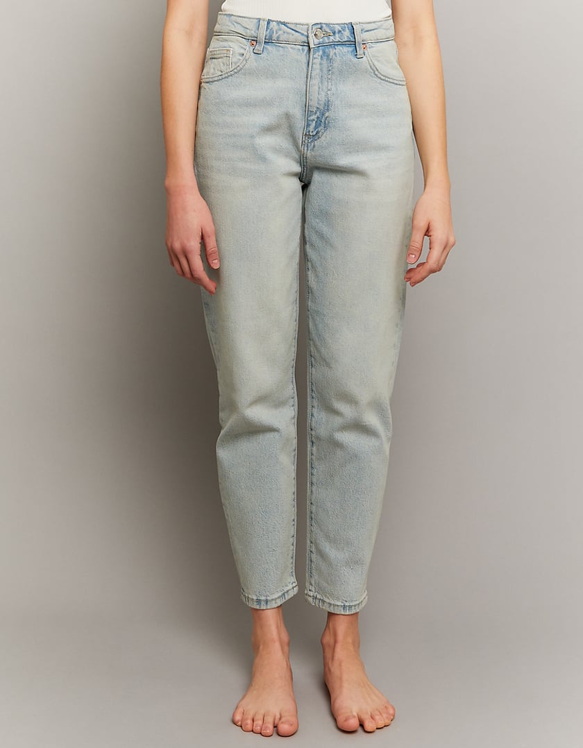 Ladies Comfort Stretch Blue Mom Jeans-Model Front View