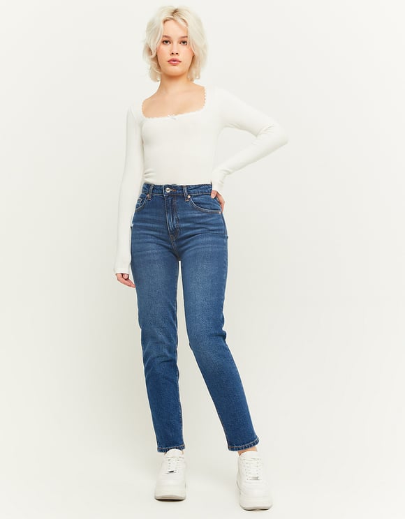 Ladies Comfort Stretch Mom Jeans-Model Full Front View