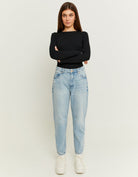 Tally Weijl Comfortable Blue Stretch Mom Jeans Blue model front view