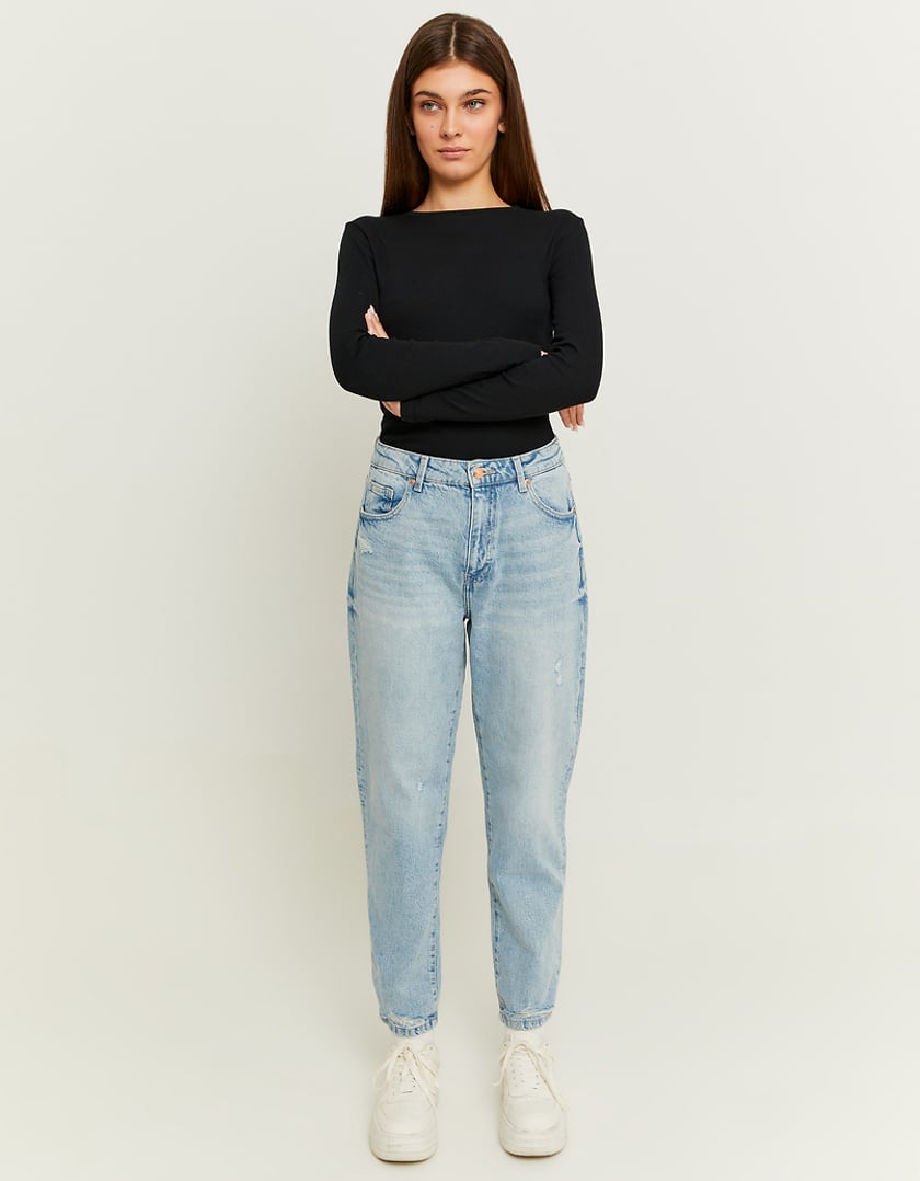 Tally Weijl Comfortable Blue Stretch Mom Jeans Blue model front view