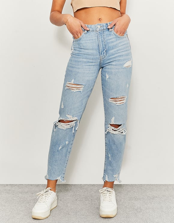 Ladies High Waist Mom Blue Denim Jeans-Front View