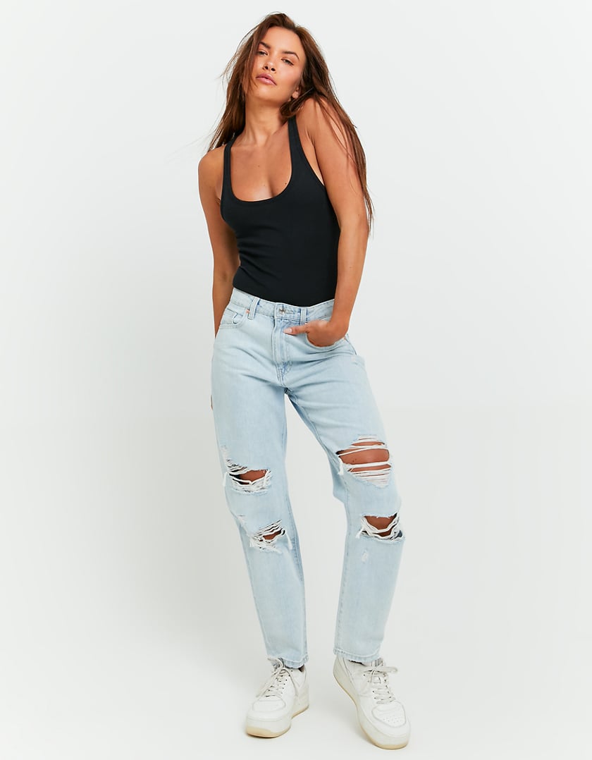 Ladies High Waist Destroy Mom Jeans-Model Full Front View