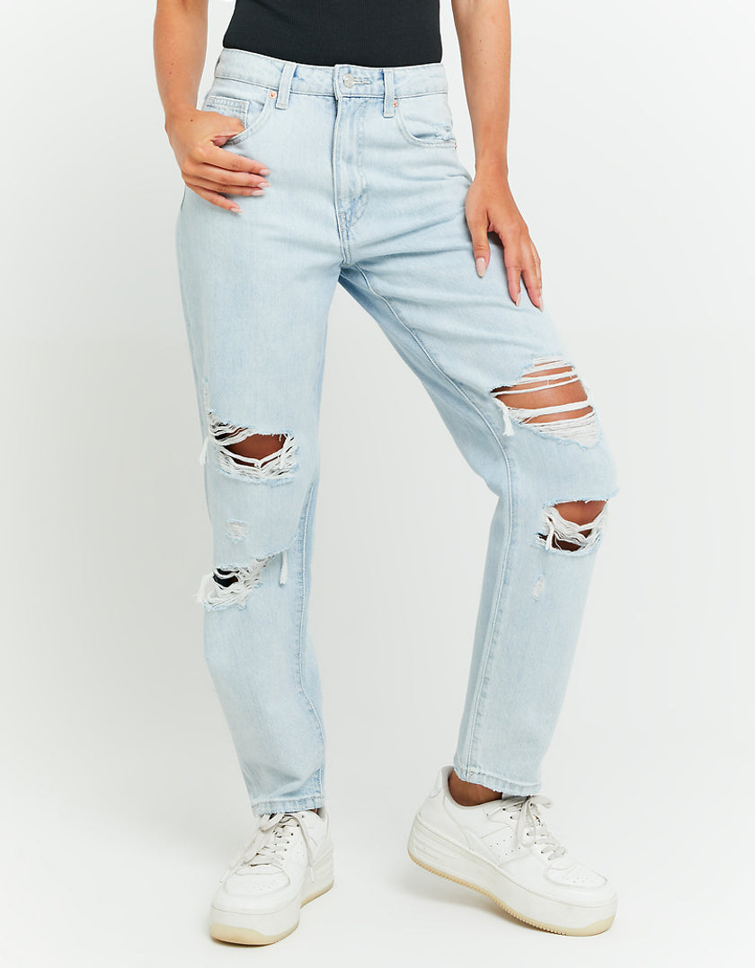 Ladies High Waist Destroy Mom Jeans-Model Front View
