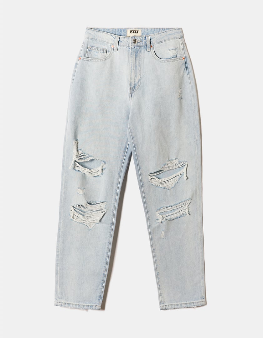 Ladies High Waist Destroy Mom Jeans-Front View