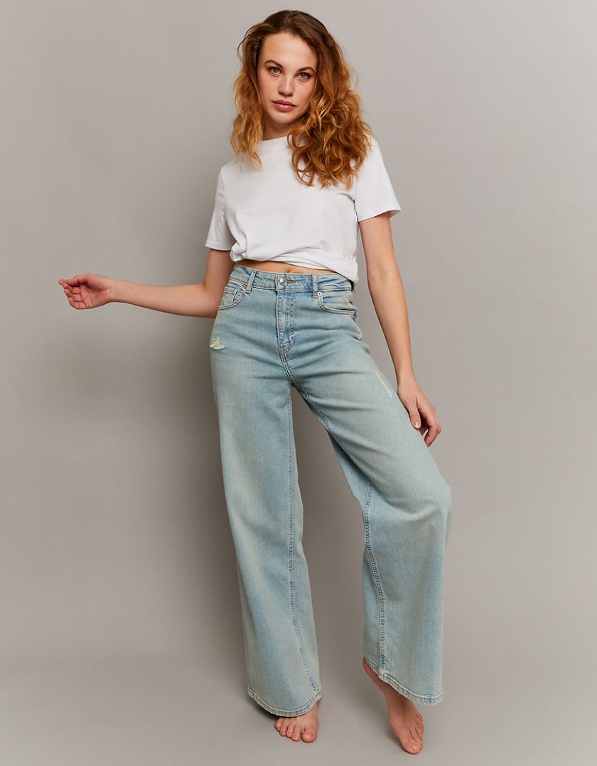 Ladies Wide Leg High Waist Jeans-Model Full Front View