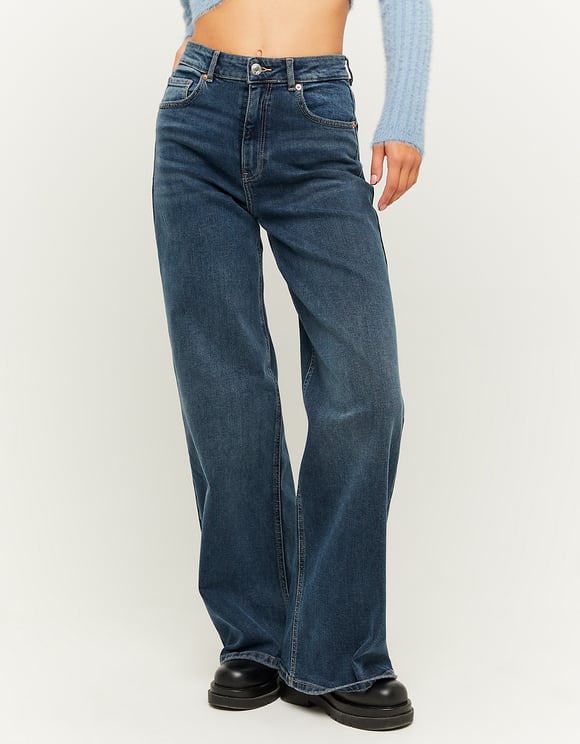 Ladies High Waist Dark Denim Wide Leg Jeans-Model Front View
