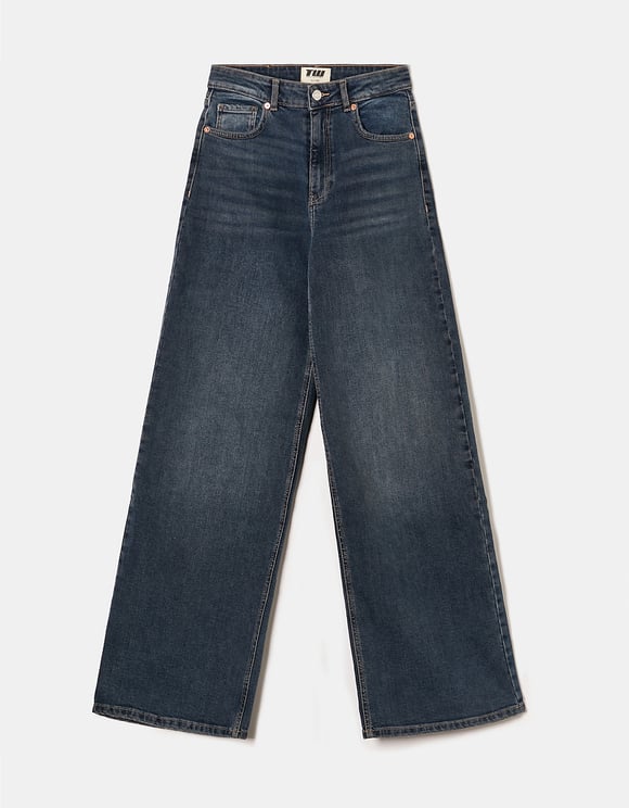 Ladies High Waist Dark Denim Wide Leg Jeans-Ghost Front  View