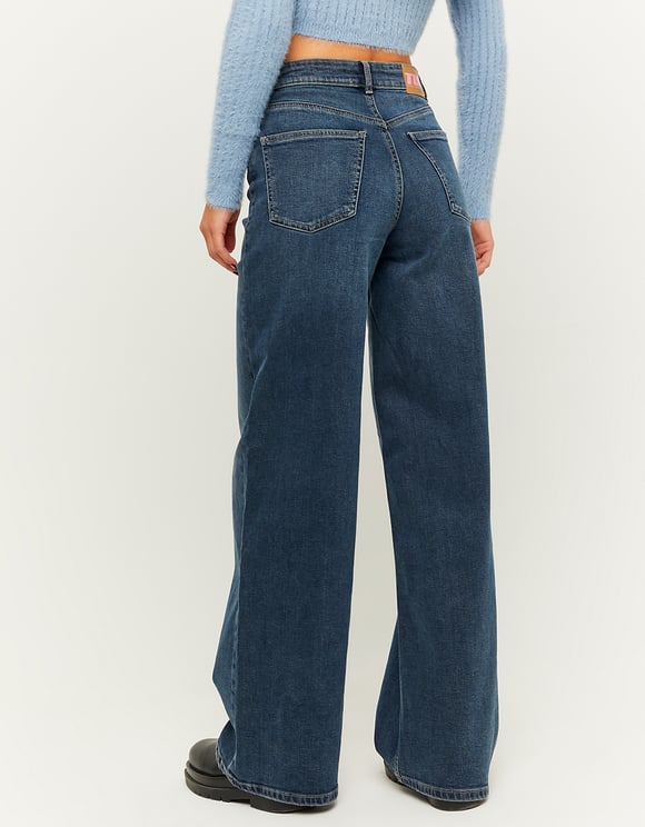 Ladies High Waist Dark Denim Wide Leg Jeans-Model Back View