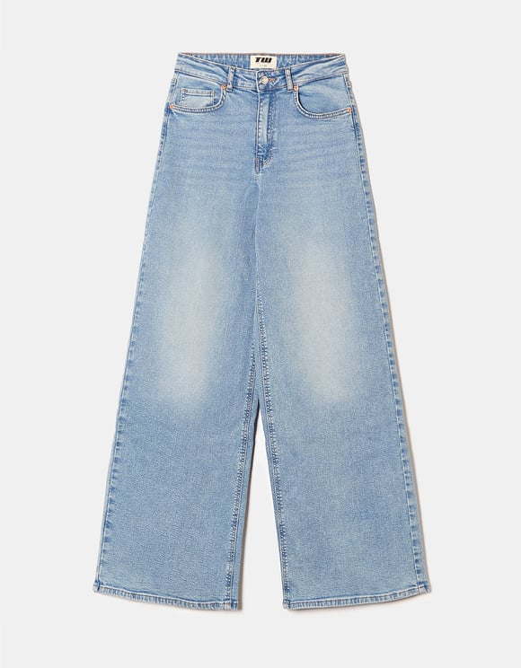 Ladies High Waist Blue Denim Wide Leg Jeans-Ghost Front View