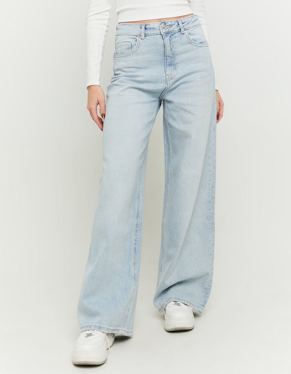 Ladies High Waist Wide Leg Jeans-Blue-Model Front View