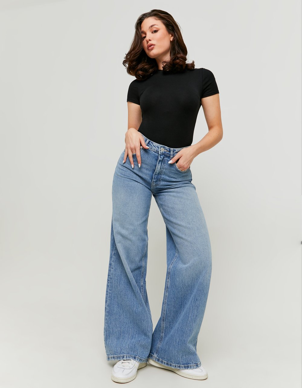 Ladies Blue High Waist Wide Leg Jeans-Model Full Front View