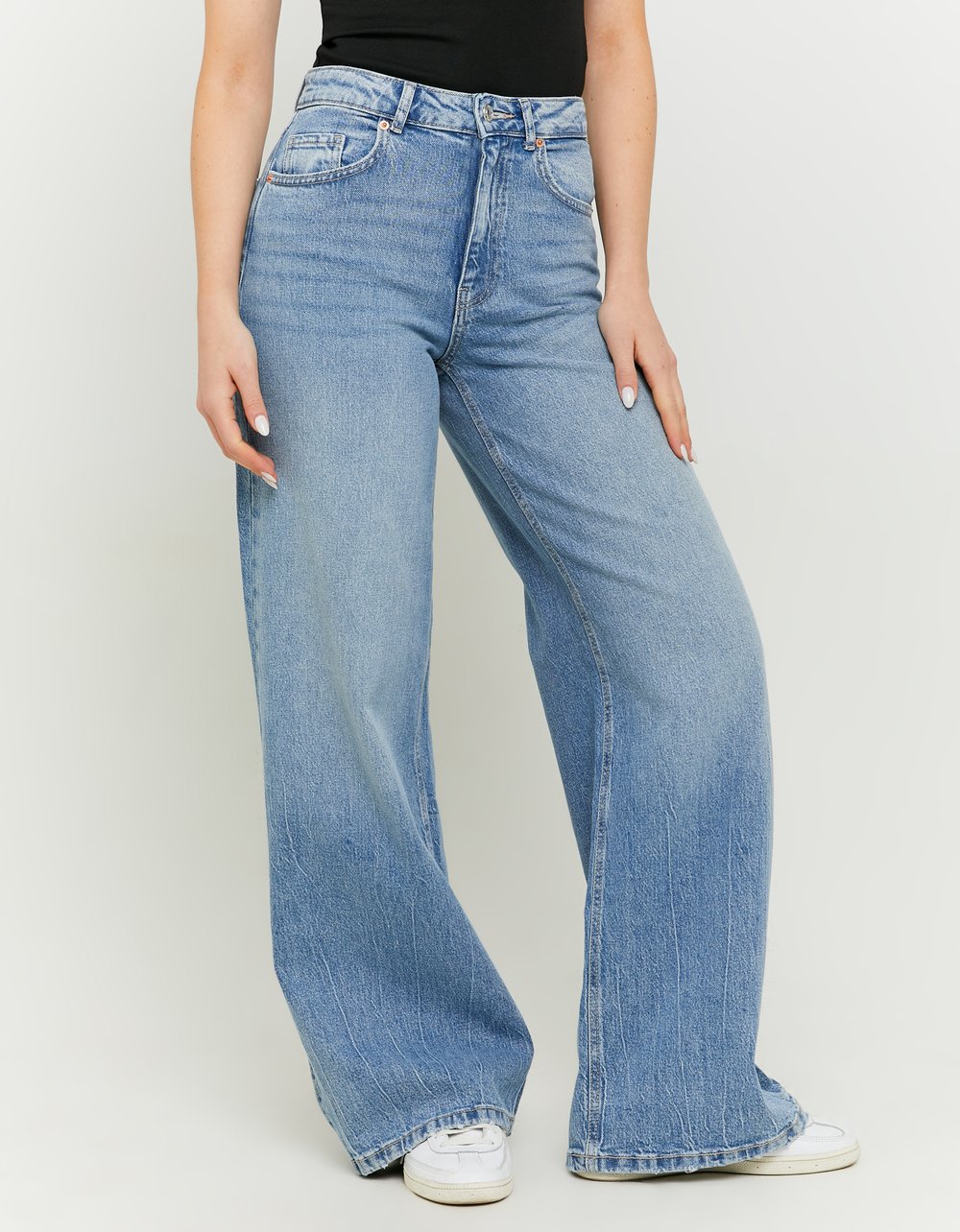 Ladies Blue High Waist Wide Leg Jeans-Model Front View