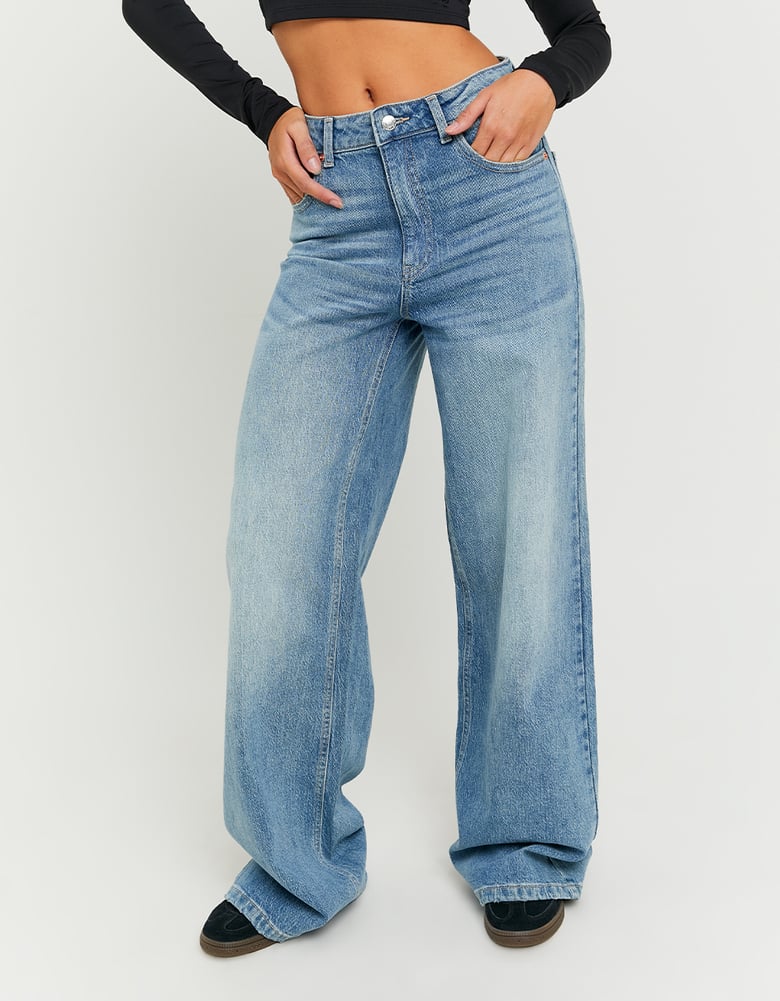 Ladies High Waist Blue Wide Leg Jeans-Closer View of the Front