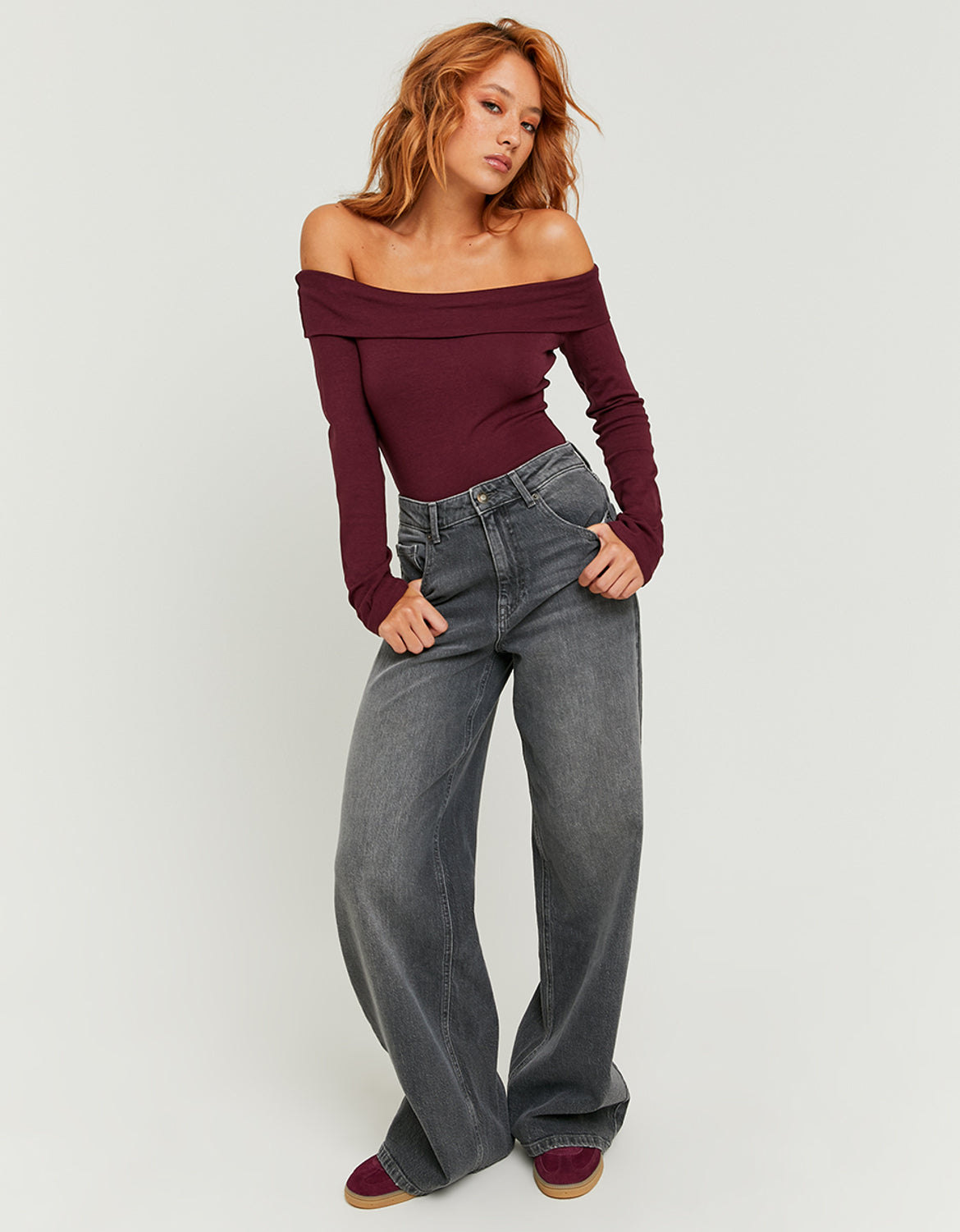 Ladies Grey High Waist Wide Leg Jeans-Model Full Front View